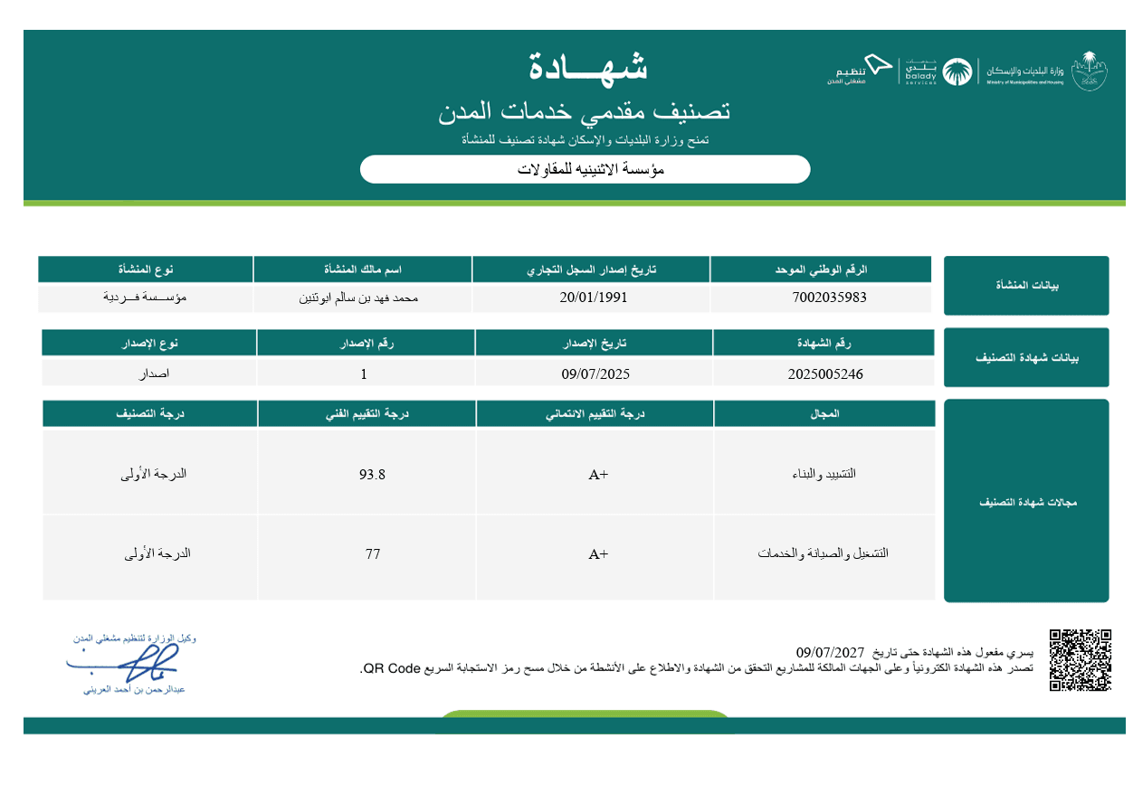 Classification Certificate