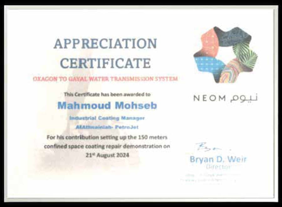 Appreciation Certificate — Oxagon to Gayal Water Transmission System