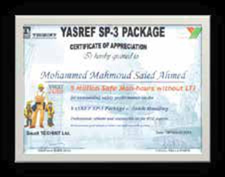 Certificate of Appreciation — 5 Million Safe Man-Hours